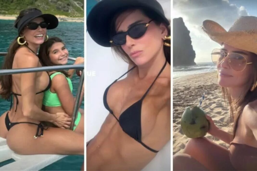 Que mulher! Deborah Secco posa de biquíni no pôr do sol em Noronha